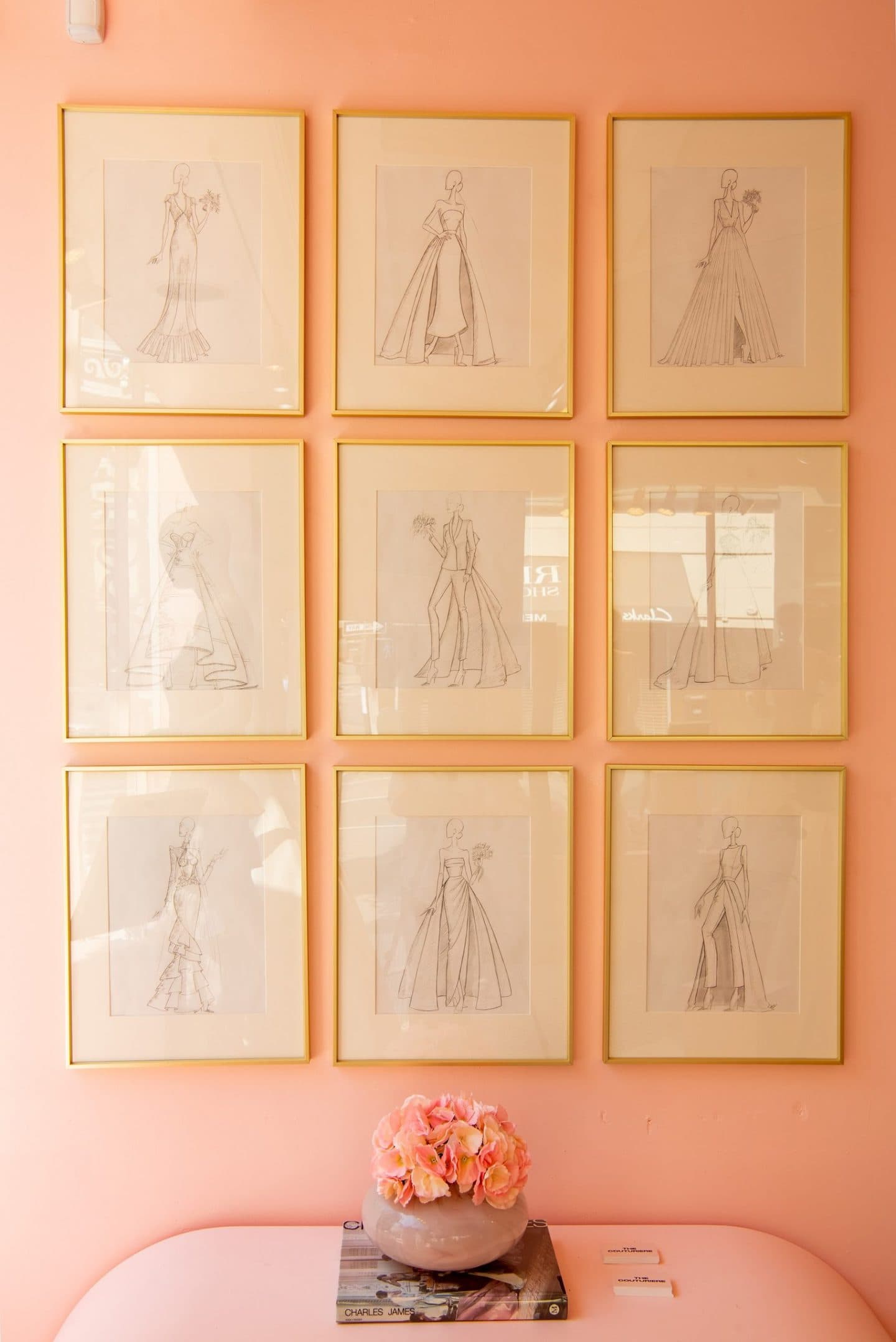 Nine fashion sketches of bridalwear made using a fashion mood board